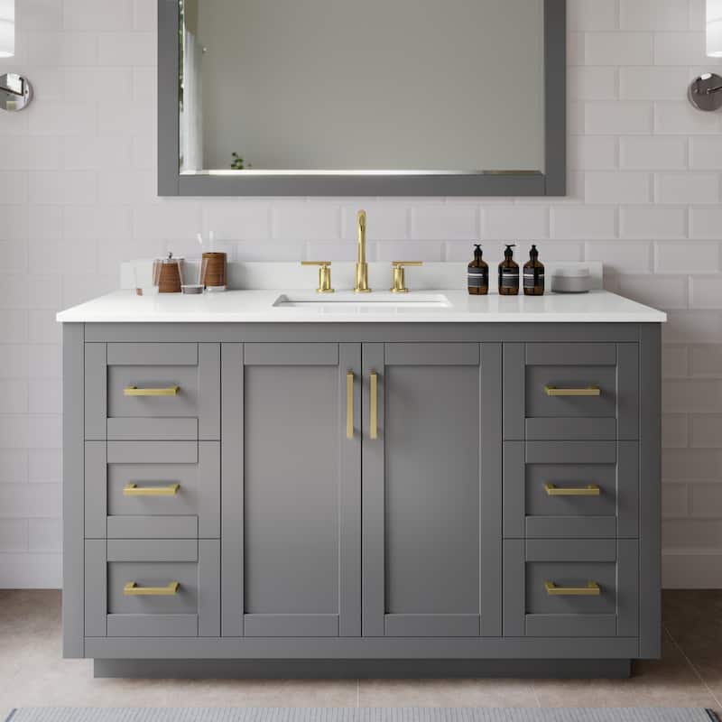 Wyndham Collection WCF292954S-QTZ-US3M46 Miranda 54" Free Standing - Dark Gray / White Quartz Top / Brushed Gold