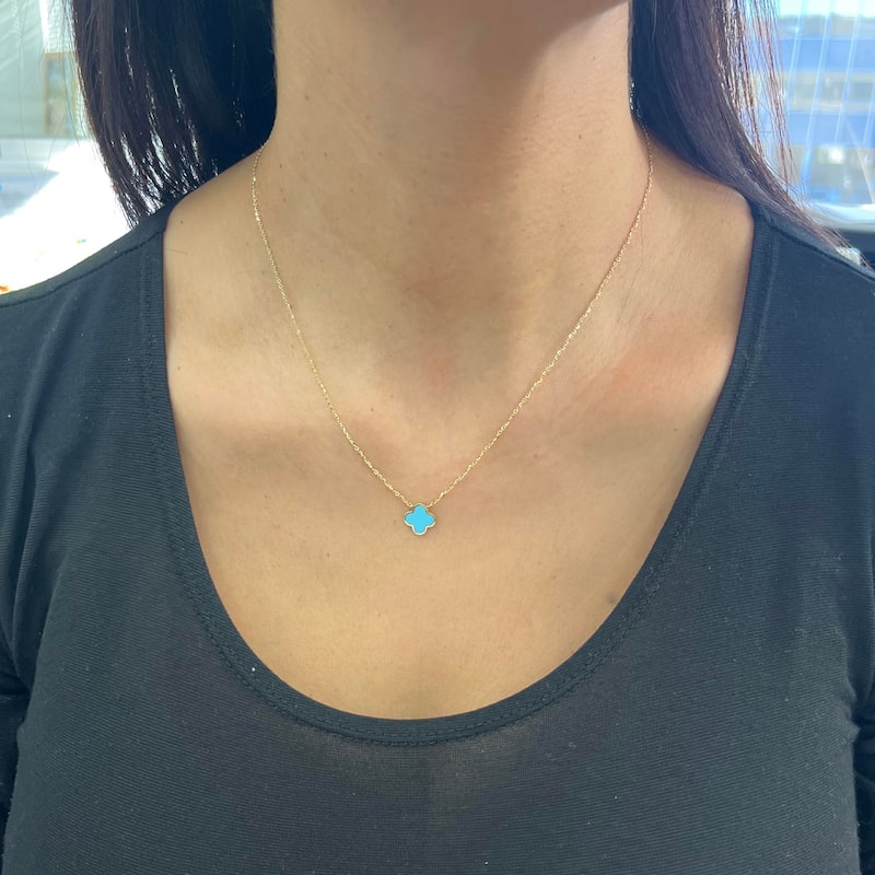 Italian Gold 14K Yellow Gold Single Clover Necklace - Made In Italy 10mm Clover 16-18 Inch Chain 1.60 grams