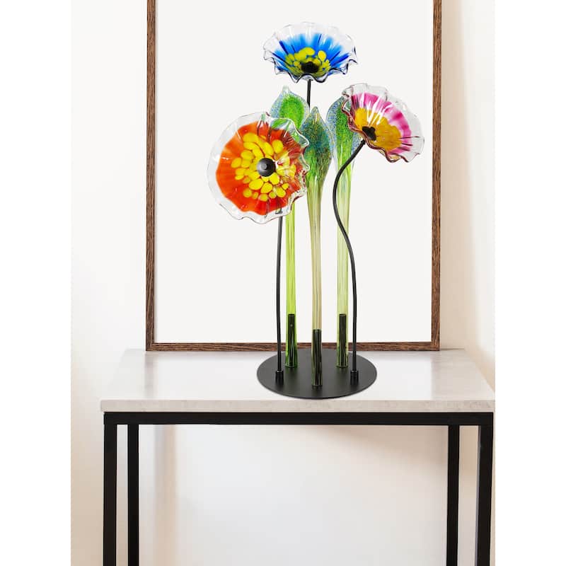 Fiore Bloom 34.5 IN Tall Multi-Color 3-Plate Flower Art Glass Sculpture with Metal Stand