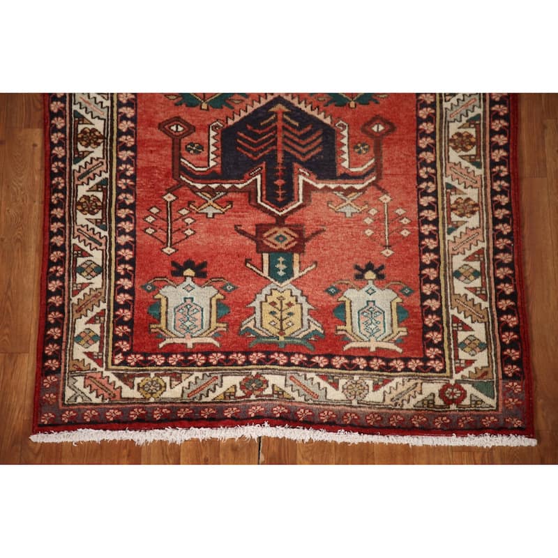 Geometric Red Heriz Persian Vintage Runner Rug Handmade Wool Carpet - 3'9"x 11'1"