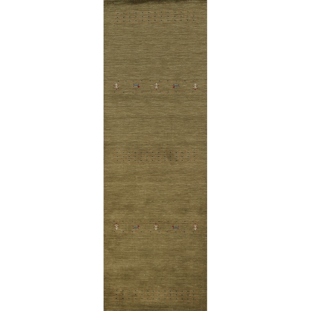 Green Gabbeh Oriental Runner Rug Hand-Knotted Wool Carpet - 2'8" x 10'1"