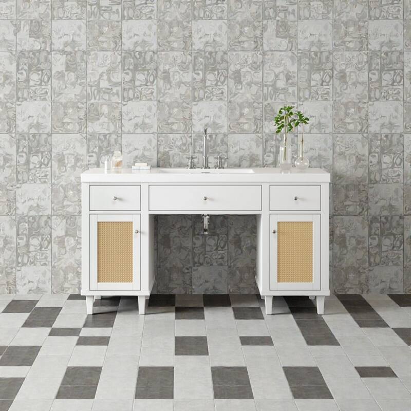 60" Bathroom Vanity with SMC Sink, Freestanding Single Sink Cabinet with Soft-Close Drawers, Tip-Out Tray & Rattan Doors