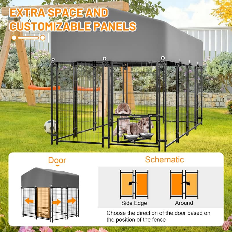 GDFStudio - Large Outdoor Heavy Duty Metal Dog Kennel with Roof, UV-Resistant Waterproof Cover, Double Lock & Rotating Feeder