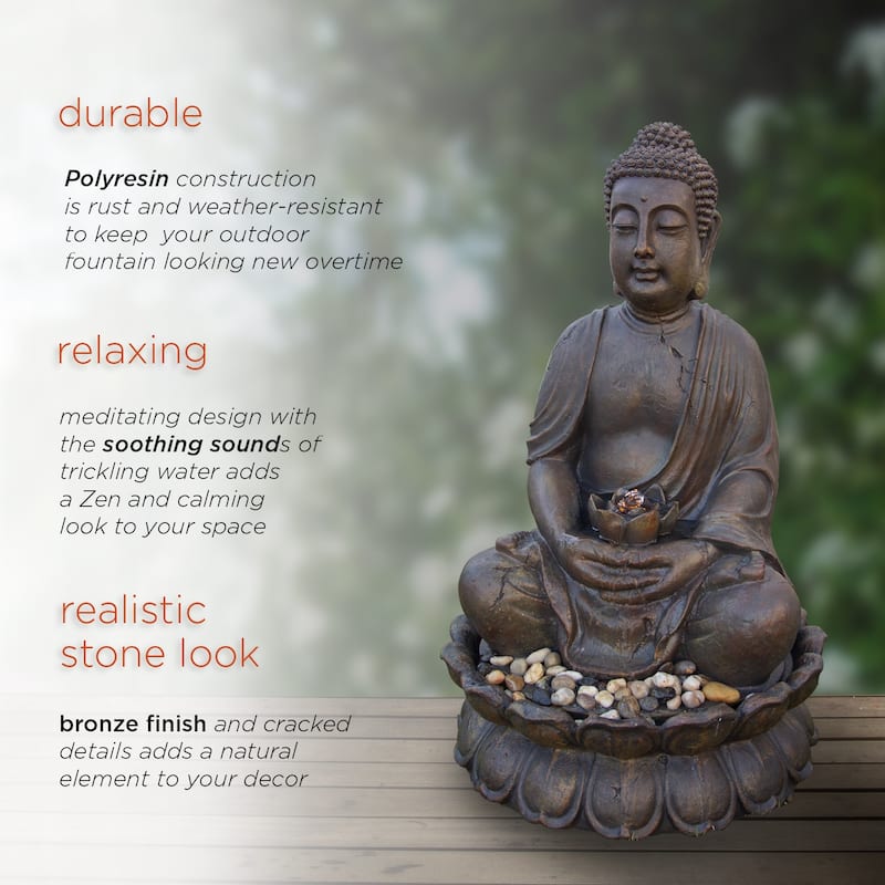 Alpine Corporation GEM122 33" Bronze Outdoor Meditating Buddha Water Fountain with LED Lights