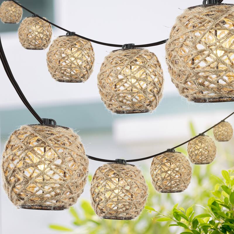Levi 10-Light Indoor/Outdoor 10 ft. Rustic Incandescent C7 Globe Hemp Rope Shaded String Lights, Light Brown , by JONATHAN Y