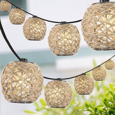 Levi 10-Light Indoor/Outdoor 10 ft. Rustic Incandescent C7 Globe Hemp Rope Shaded String Lights, Light Brown , by JONATHAN Y