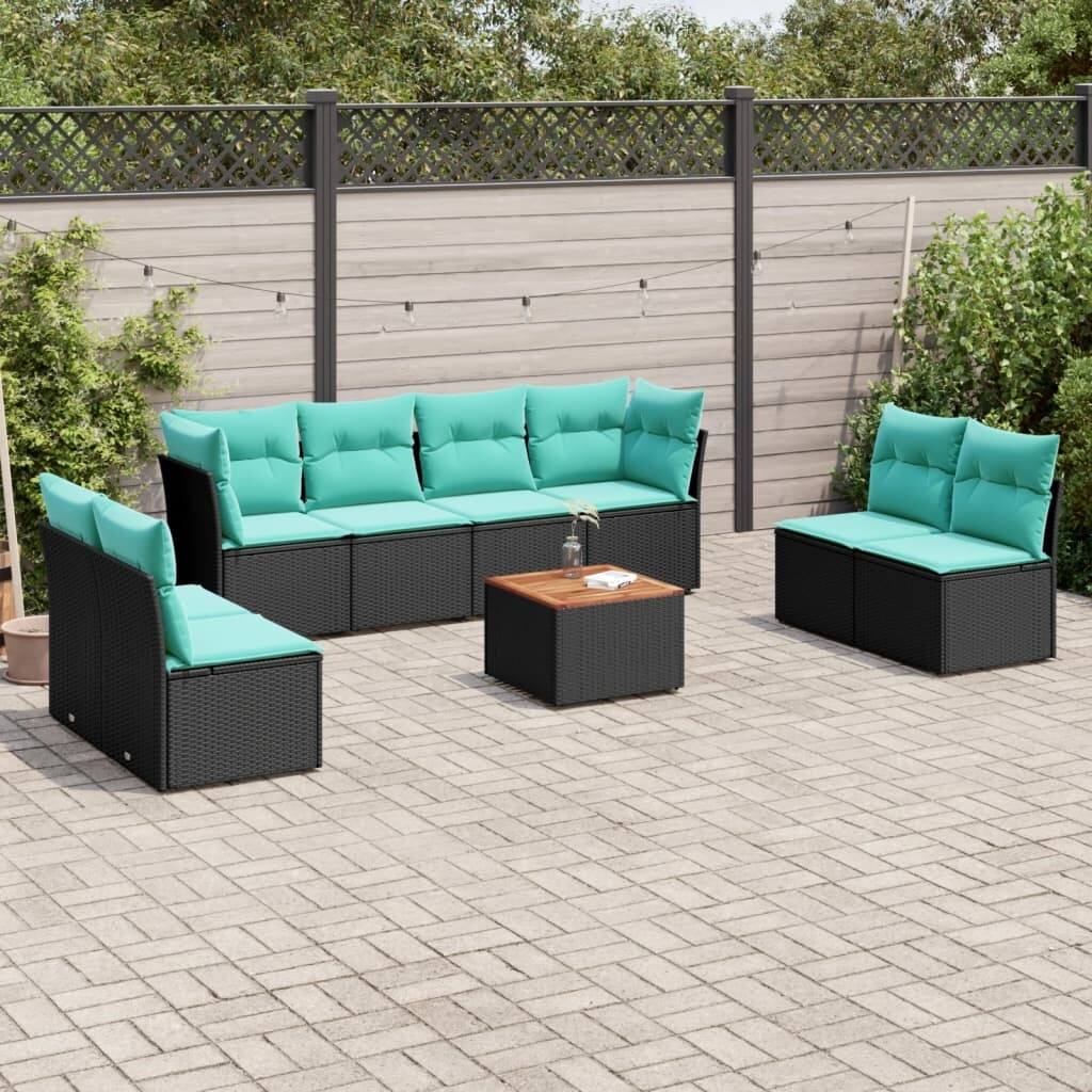 vidaXL 9 Piece Patio Sofa Set with Cushions Black Poly Rattan - 24.4 x 24.4 x 27.2