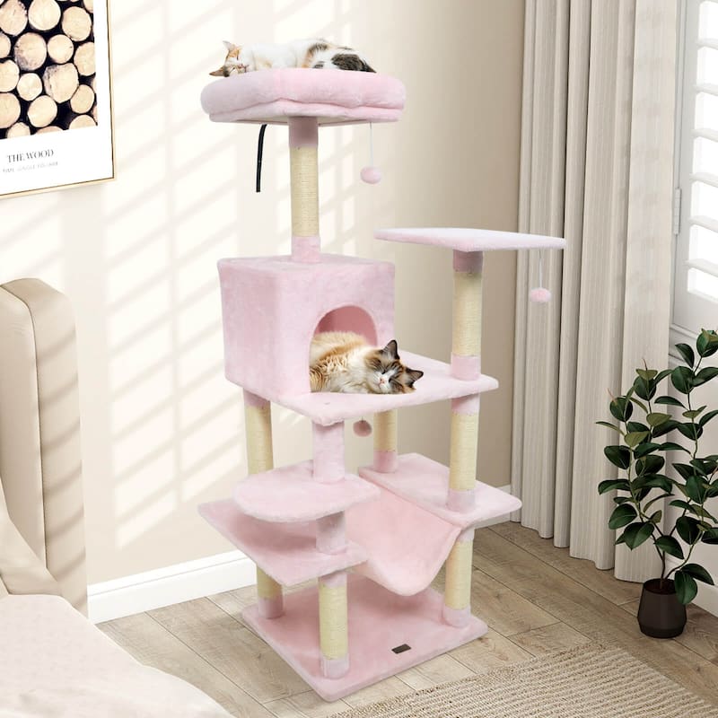 Costway 58” Tall Multi-level Cat Tree with Upholstered Perch & Cat - See Details - Pink