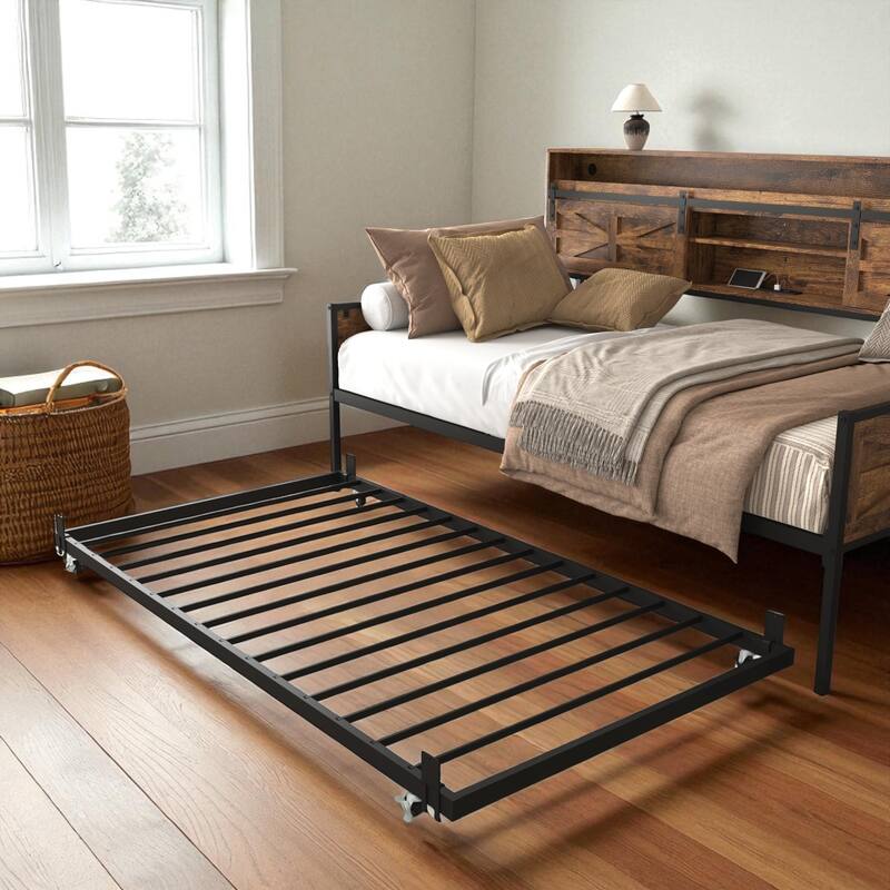 Twin Daybed with Trundle, Farmhouse Barn Door Headboard, Storage Shelf, Charging Station & LED Lights