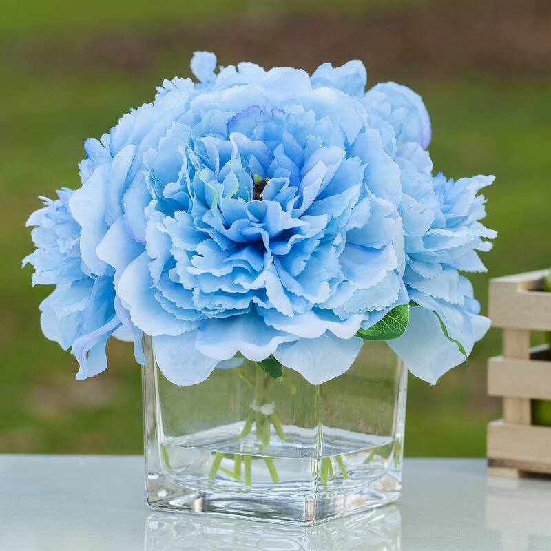 Enova Home Artificial Silk Peony Fake Flowers Arrangement in Cube Glass Vase with Faux Water for Home Wedding Decoration - N/A