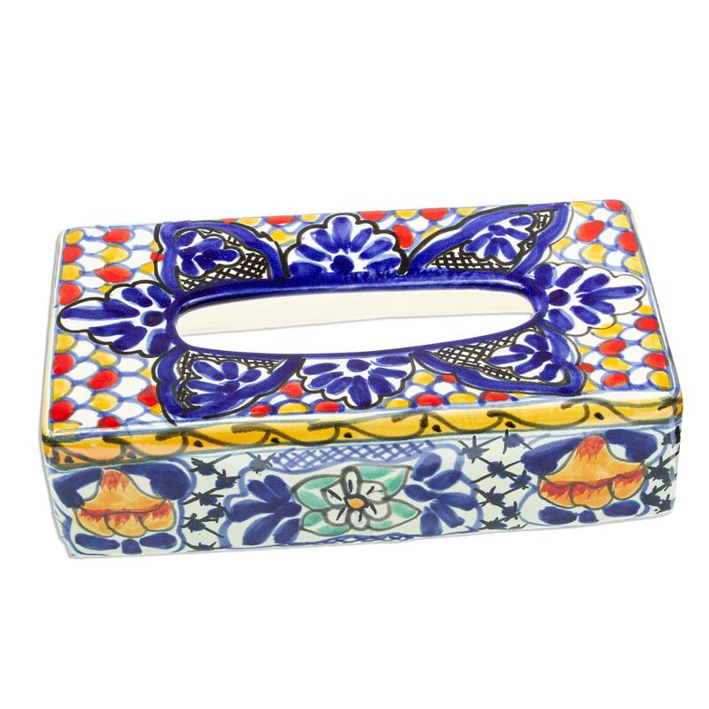 Novica Handmade Cobalt Flowers Ceramic Tissue Box Cover