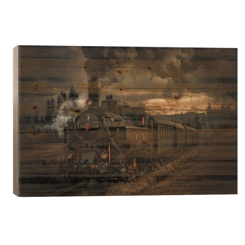 Gold Digger Train Print On Wood by Hubert Bichler - Multi-Color - 26x40x1.5