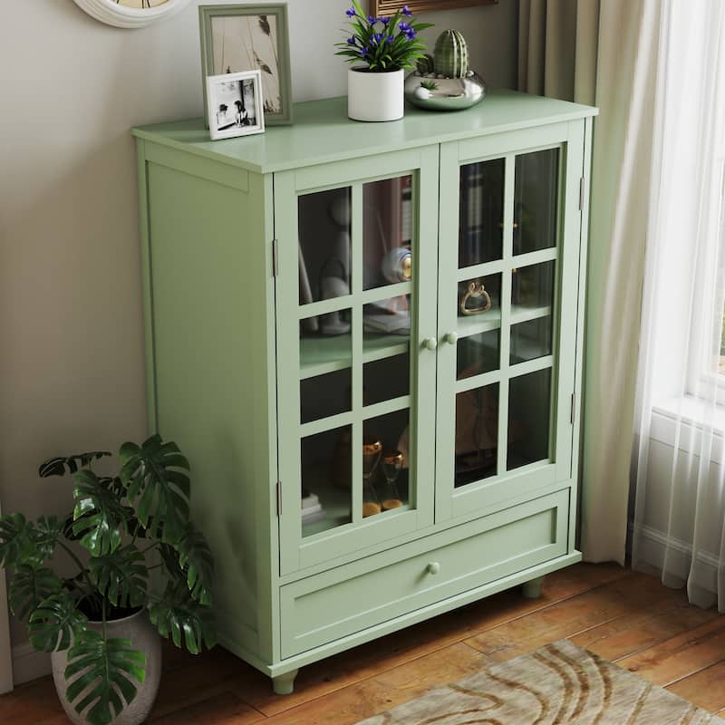 Accent Small Buffet Cabinet with Storage, Buffet Sideboard with Glass Doors and Drawer, Coffee Bar Cabinet with Adjustable Shelf