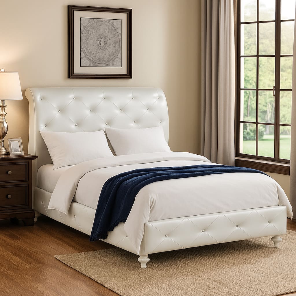 Dorie Full Bed, Pearl White Faux Leather Victorian Carved w Crystals