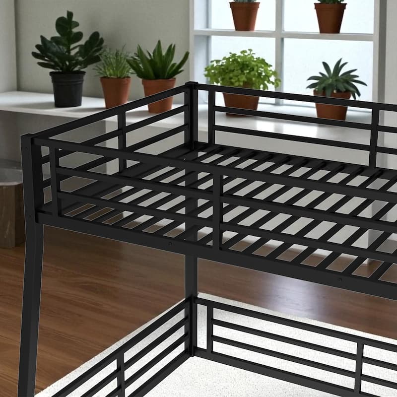 Metal Bunk Bed Twin XL/Full XL/Queen Over Queen, Heavy-Duty Low Bunk Frame with Guardrails and Quiet Design