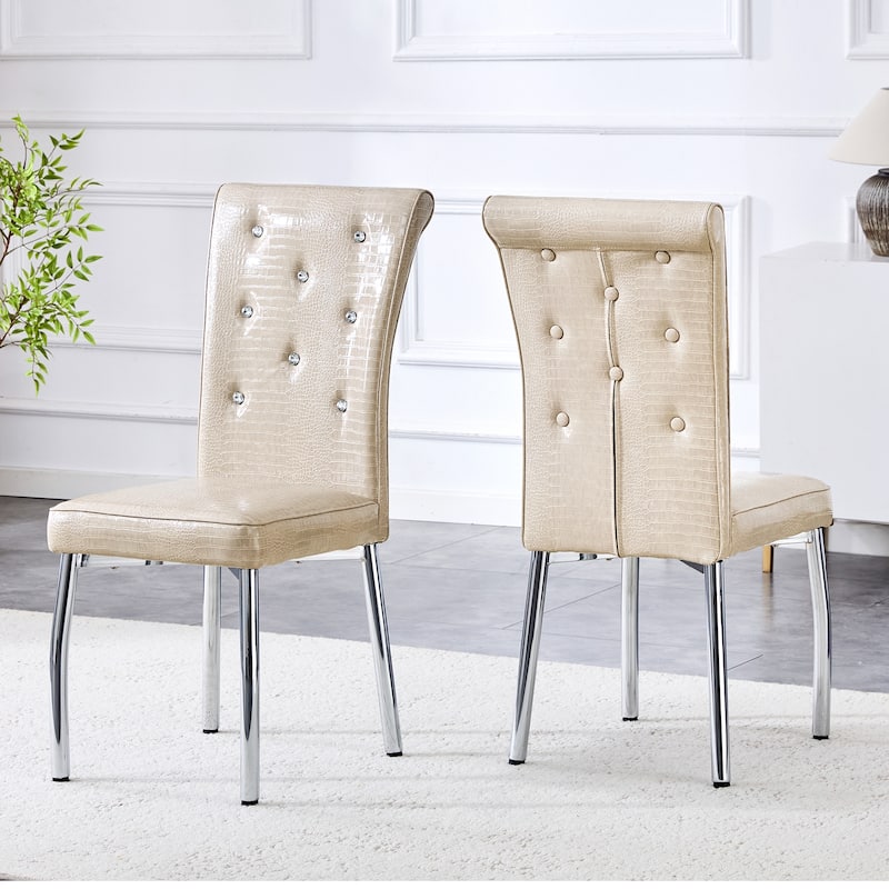 A set of 2 vintage crocodile leather cushioned dining chairs, featuring crystal clasp design and artificial leather design