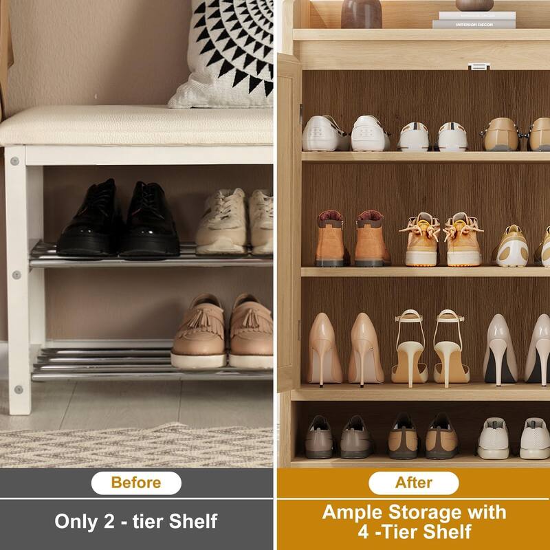Rattan Shoe Cabinet with 2 Doors, 5-Tier Wooden Shoe Storage Organizer