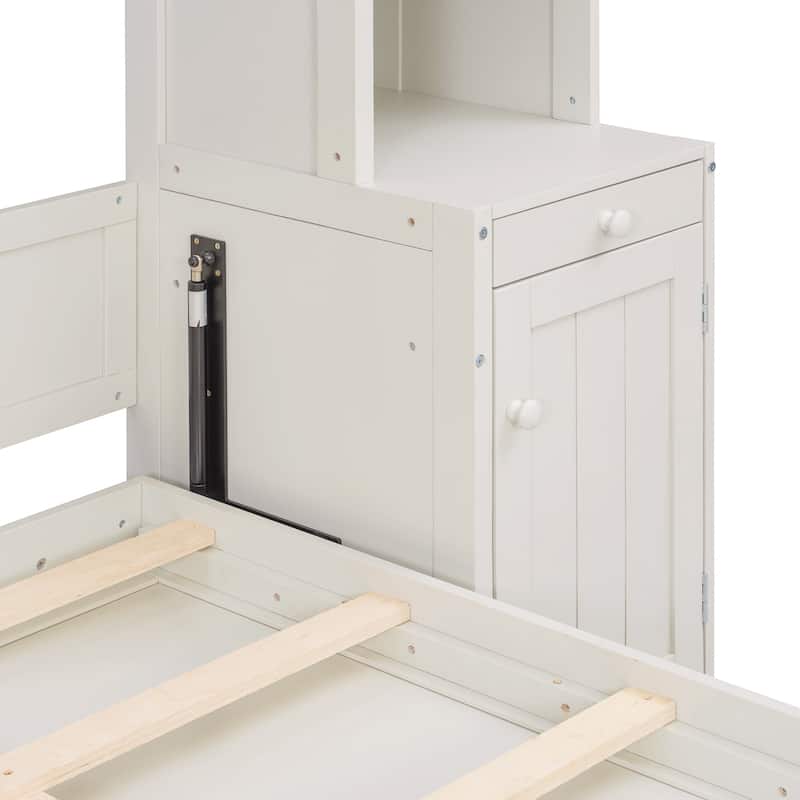 Foldable Murphy Bed Queen Size Wooden Wall Bed Framen with Built-in Desk, Top Lights, Open Shelves, Storage Drawers and Cabinets