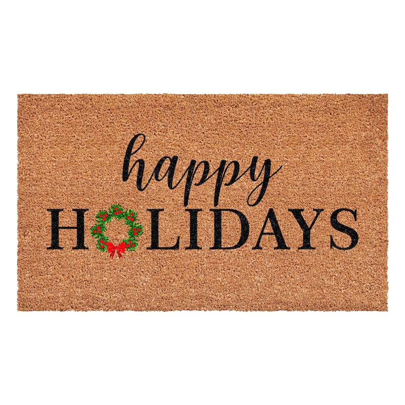 HomeRoots 24" X 36" Brown Black And Green Christmas Happy Holidays Outdoor Coir Door Mat - 24.00' X '36.00