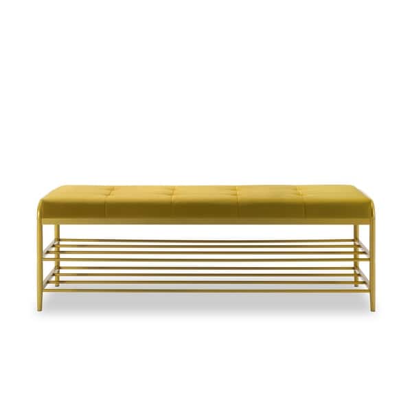 Shoe Storage Bench Yellow Velvet Footstool with Golden Metal Frame