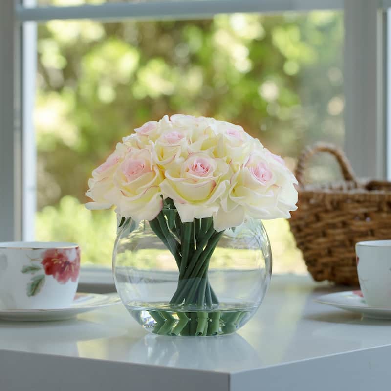 Enova Home 16 Heads Artificial Silk Rose Flowers in Round Glass Vase With Faux Water For Home Wedding Decoration