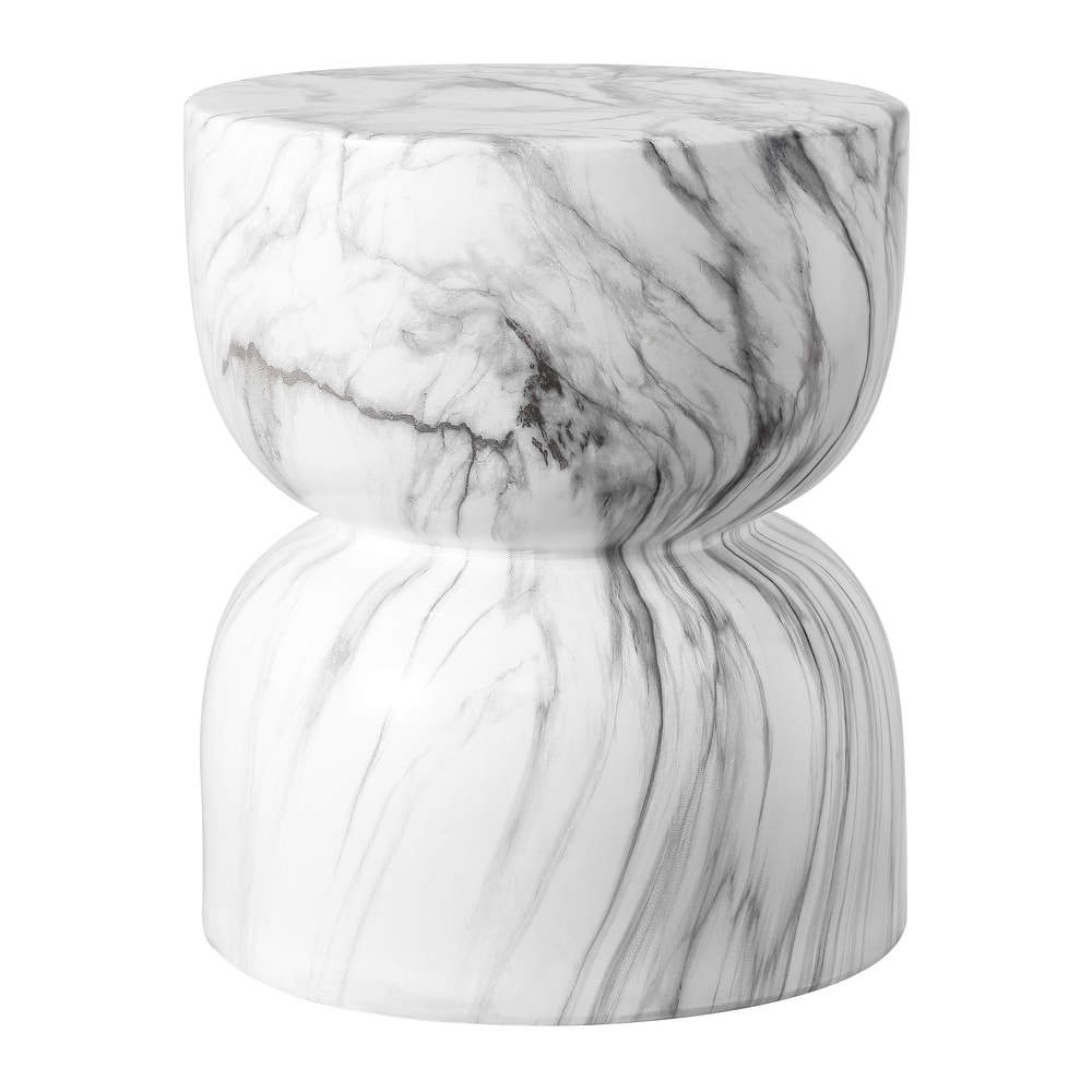 Xenia 14.75" Contemporary Modern Marble Glaze Drum Indoor/Outdoor Garden Stool, White/Gray, by JONATHAN Y