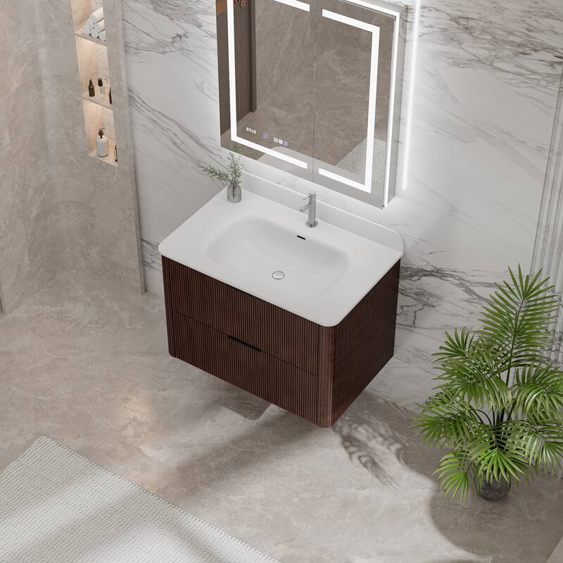 Modland Fluted Floating Vanity with Sink, Plywood Wall Mount Cabinet, Curved Edge, 24/30/36 Inch