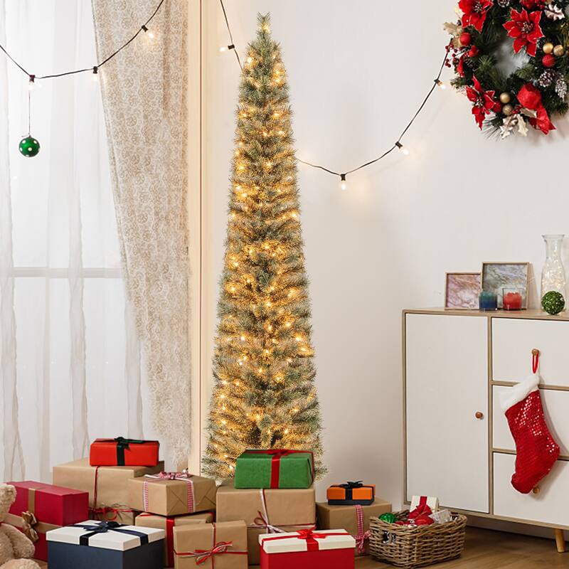 Gymax 6/7 FT Pre-Lit Artificial Christmas Tree Slime Pencil Christmas