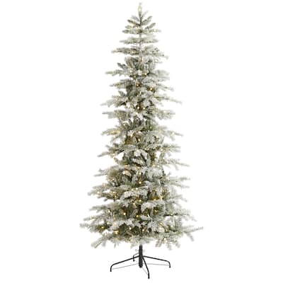 7.5ft. Slim Flocked Spruce Artificial Christmas Tree with 450 Warm White LED Lights & 909 Branches - Snowy Holiday X-Mas Glow