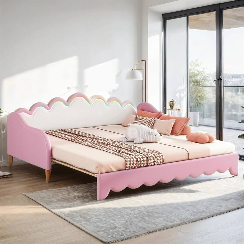 Upholstered Twin Extending Daybed with LED Lights, Crown Headboard