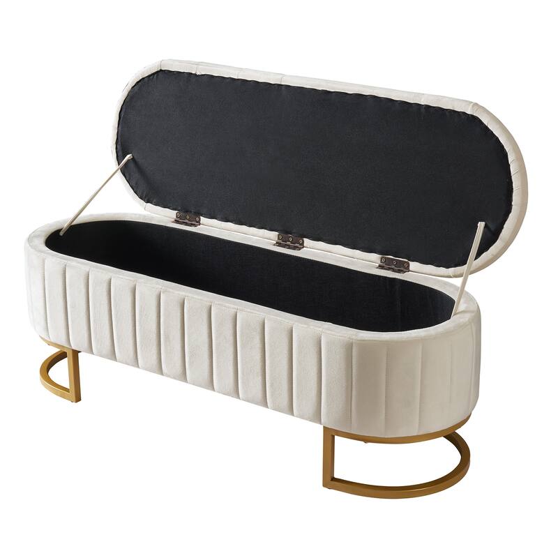 Elegant Velvet Storage Ottoman with Button-Tufted Top, Metal Legs