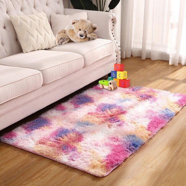 Fluffy Kids Rug for Girls Bedroom Carpets, Kawaii Colorful Tie Dye