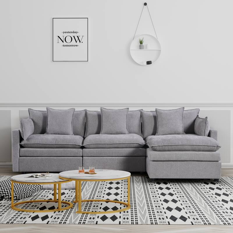 Spacious L-Shaped Chenille Couch with Ottoman Bench, 3-Seater Sleeper Sofa for Living Room