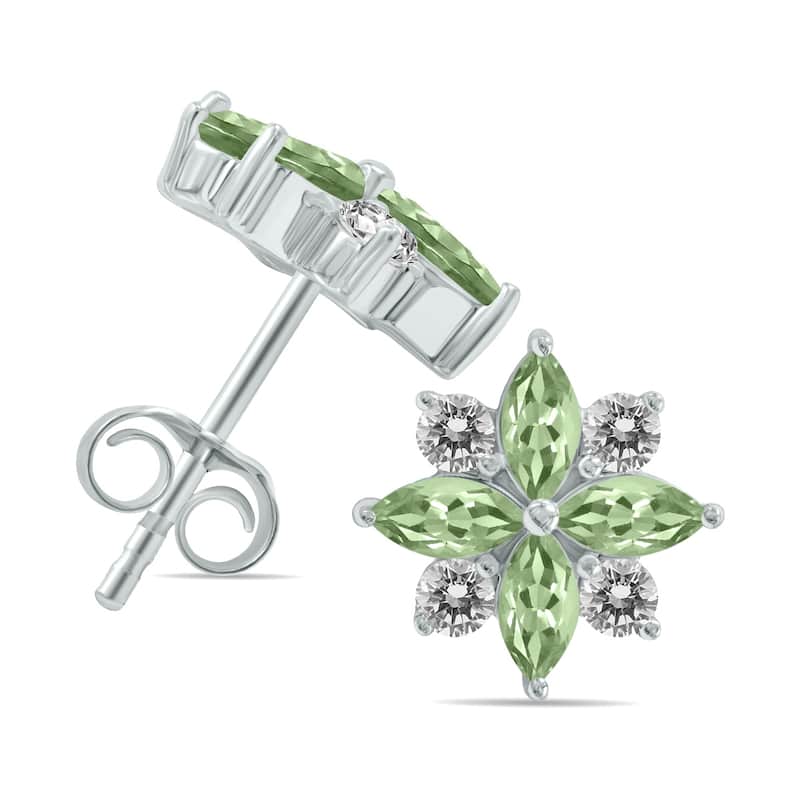 Marquee 1 Carat TW Green Amethyst and Diamond Flower Earrings in 10K White Gold