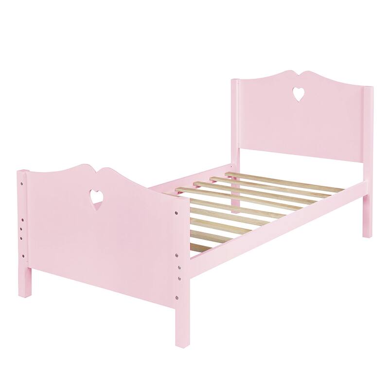 Pink Wood Twin Platform Bed with Headboard, Footboard, and Slat Support - Minimalist Design, Sturdy Pine Frame, 10 Slats