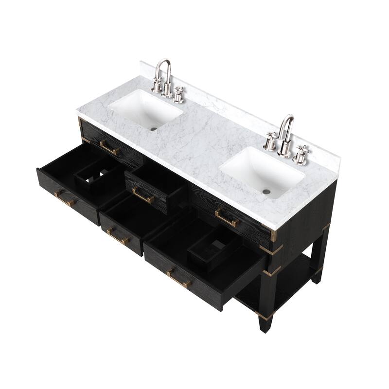 Lexora Norwalk Bath Vanity, Carrara Marble Top, Faucet Set, and Mirror