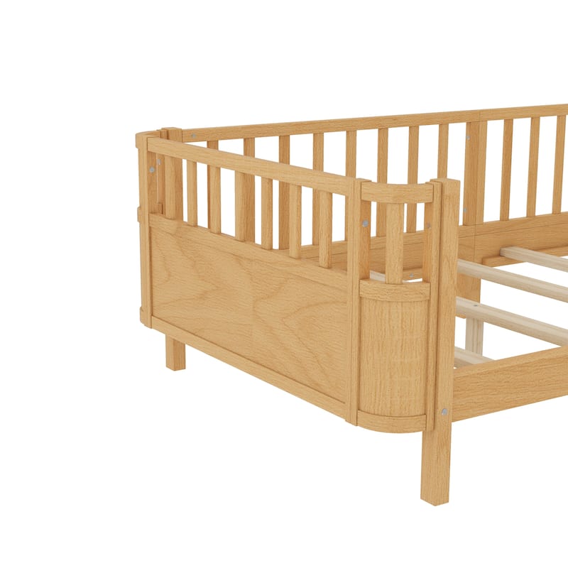 Multi Size Low Platform Bed for Kids with Rounded Corners Guardrails, Detachable Right-side Fence and Open Left-side Design