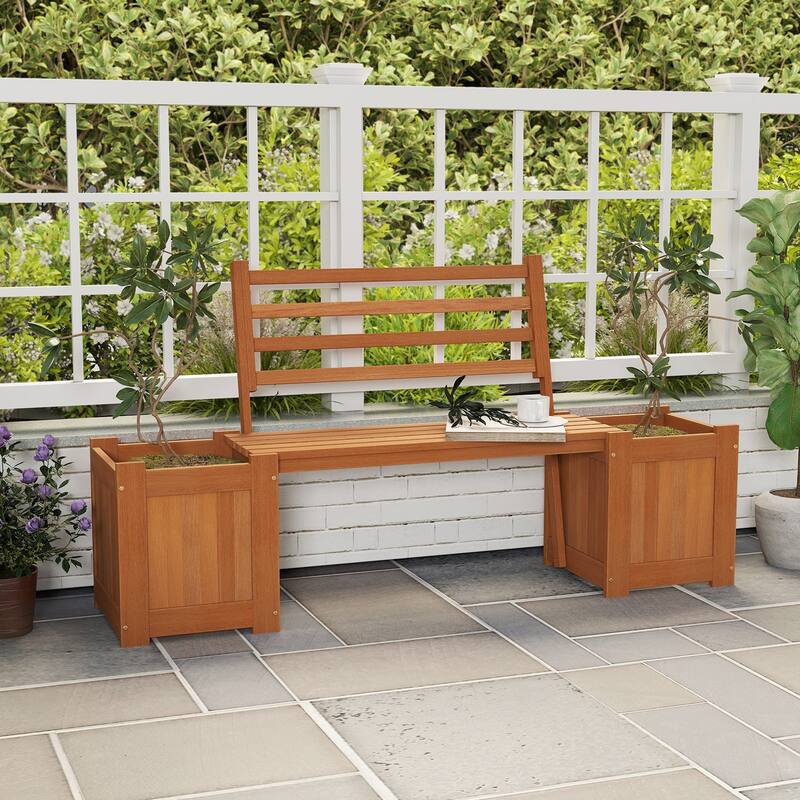 Hardwood Planter Box with Bench for Garden Yard Balcony - 68" x 16" x 18" (L x W x H)