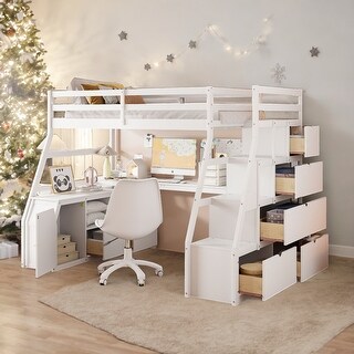 Plywood Twin Size Loft Bed with Desk, Drawers and Shelves for Kids