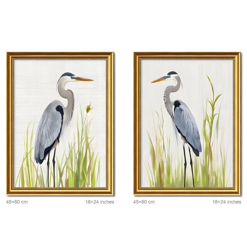 Set of 2 Heron Bird Framed Wall Art - Replaceable Canvas Prints with Solid Wood Picture Frames, Modern Nature Wall Decor