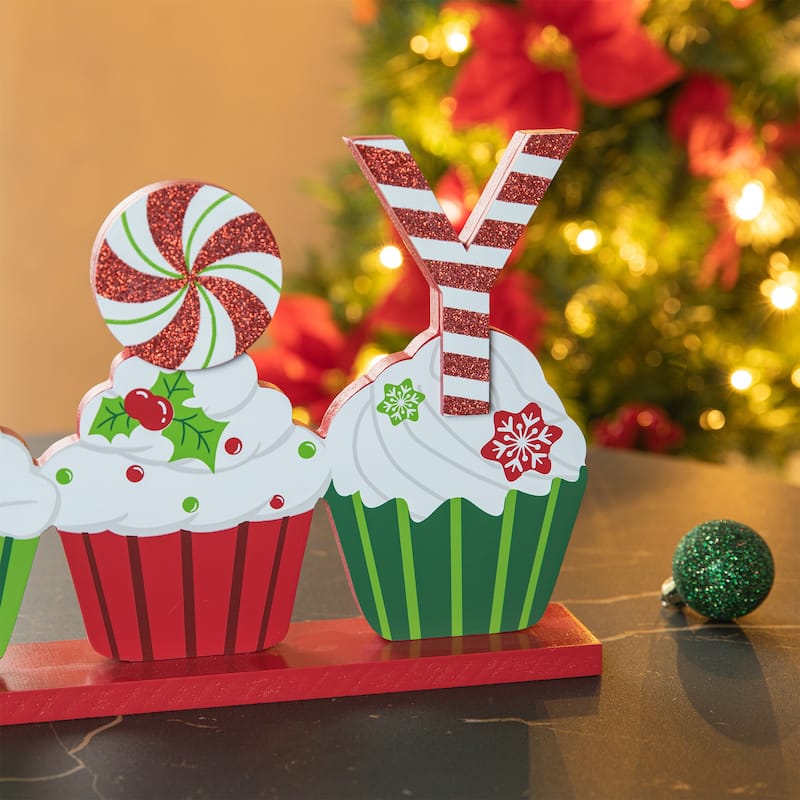 Glitzhome 12"L Christmas Wooden Cupcake JOY Table Decor