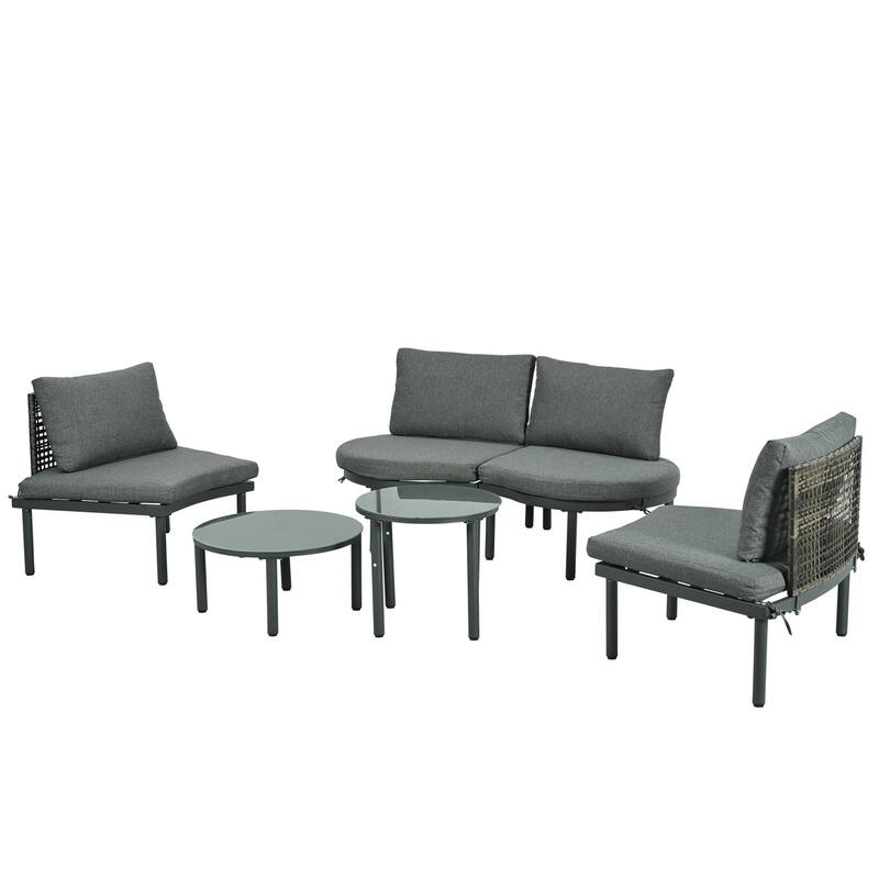 6-Piece Patio Sofa Furniture Set, Outdoor Sectional Sofa with 2 High-Low Coffee Tables, Tempered Glass, 4 Pillows & Cushions - Grey