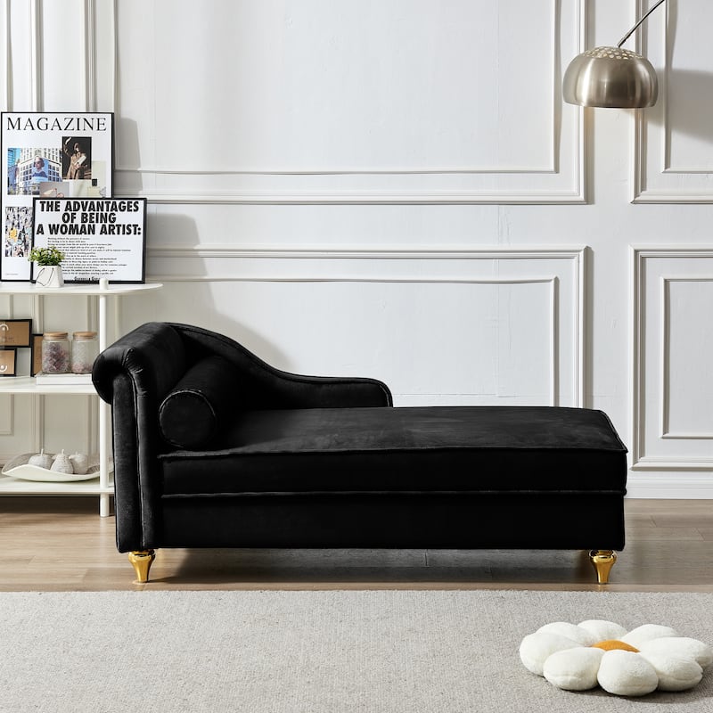 Roomfitters Modern Chaise Lounge, Indoor Daybed with Gold Metal Legs & Bolster Pillow for Bedroom Living Room, Black