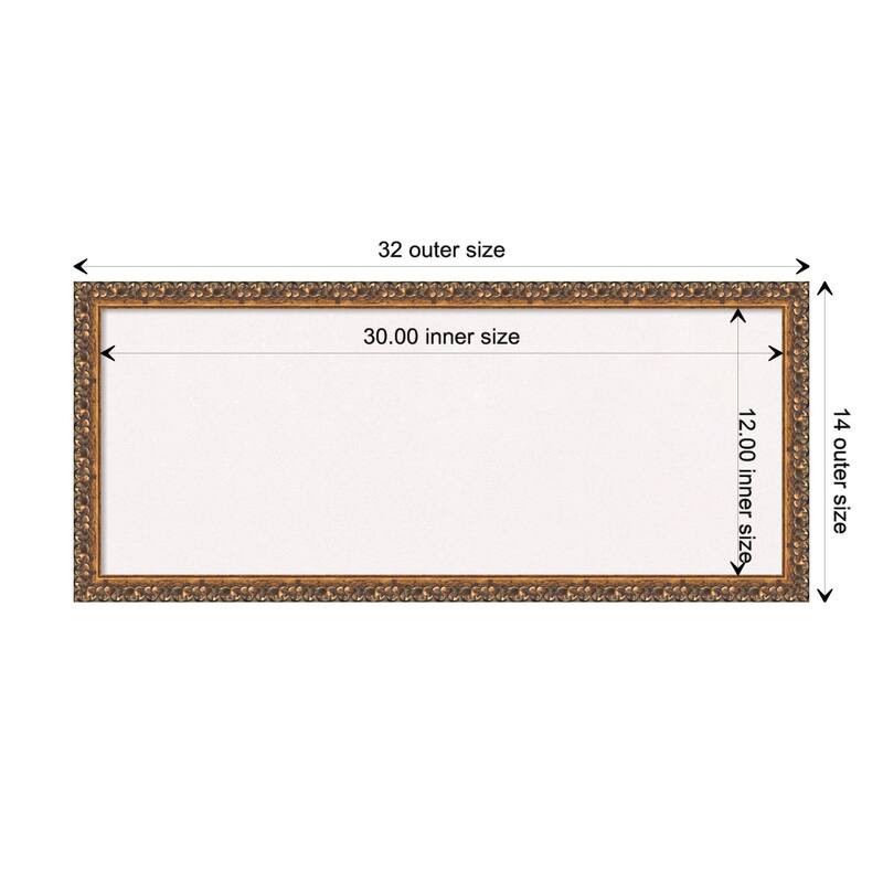 Antique Bronze Wood Framed White Corkboard Bulletin Board - Board Size 30x12