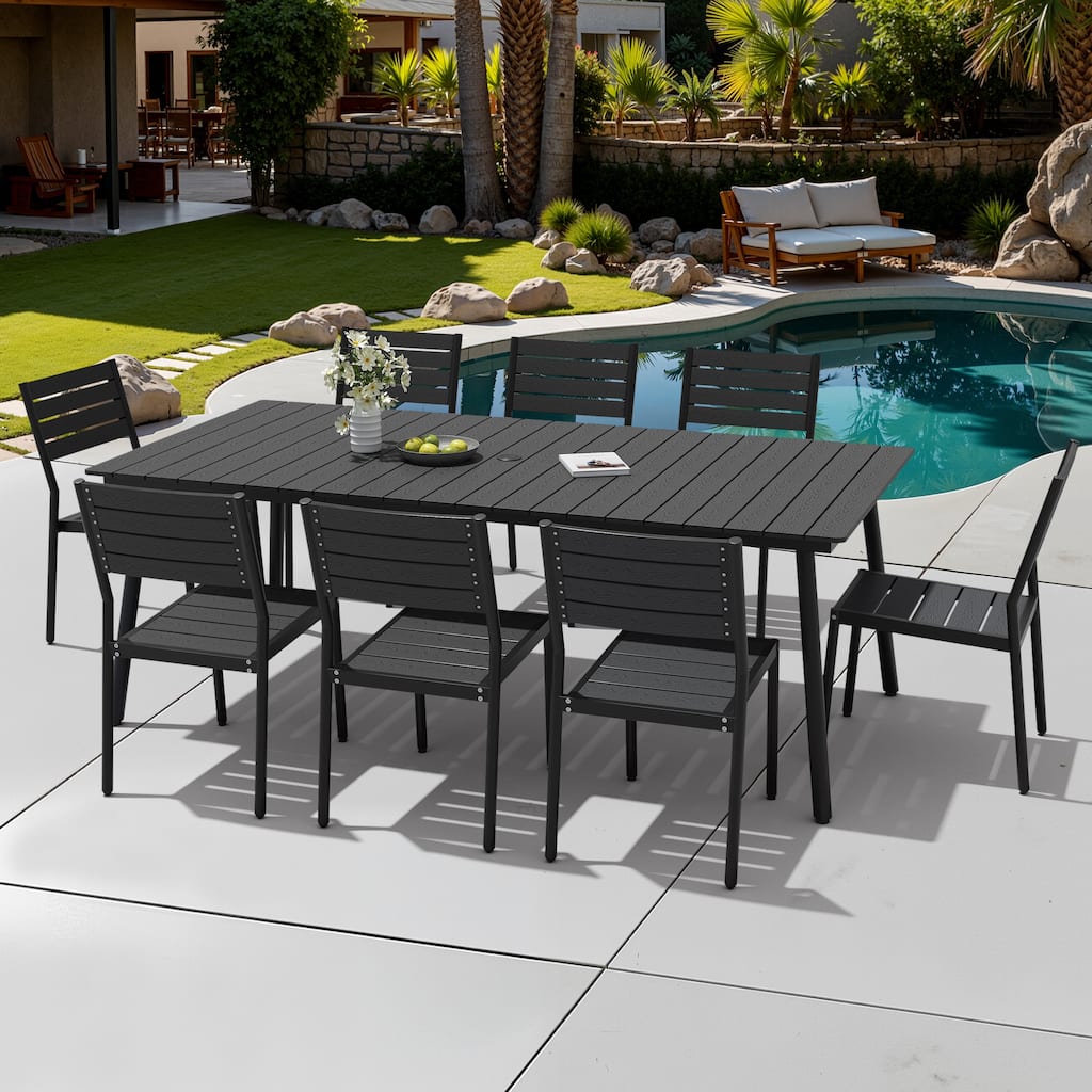 9-Piece Outdoor Patio Dining Set Wood-Like Table Top Alumium Umbrella Hole Table with Stackable Armless Chairs