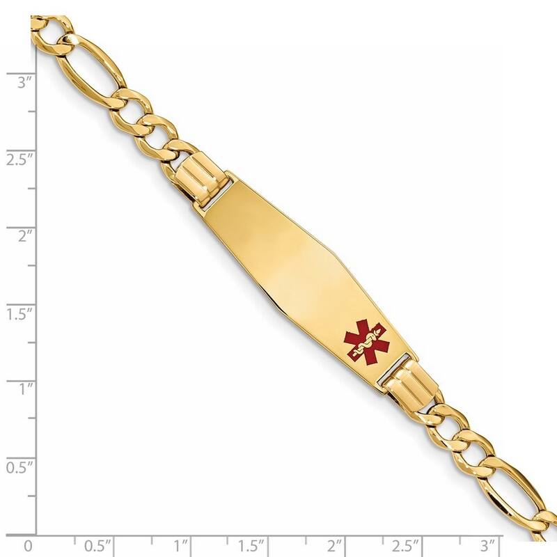 Curata 14k Yellow Gold 8" 13.5mm Engravable Medical Red Enamel Figaro Link ID Bracelet
