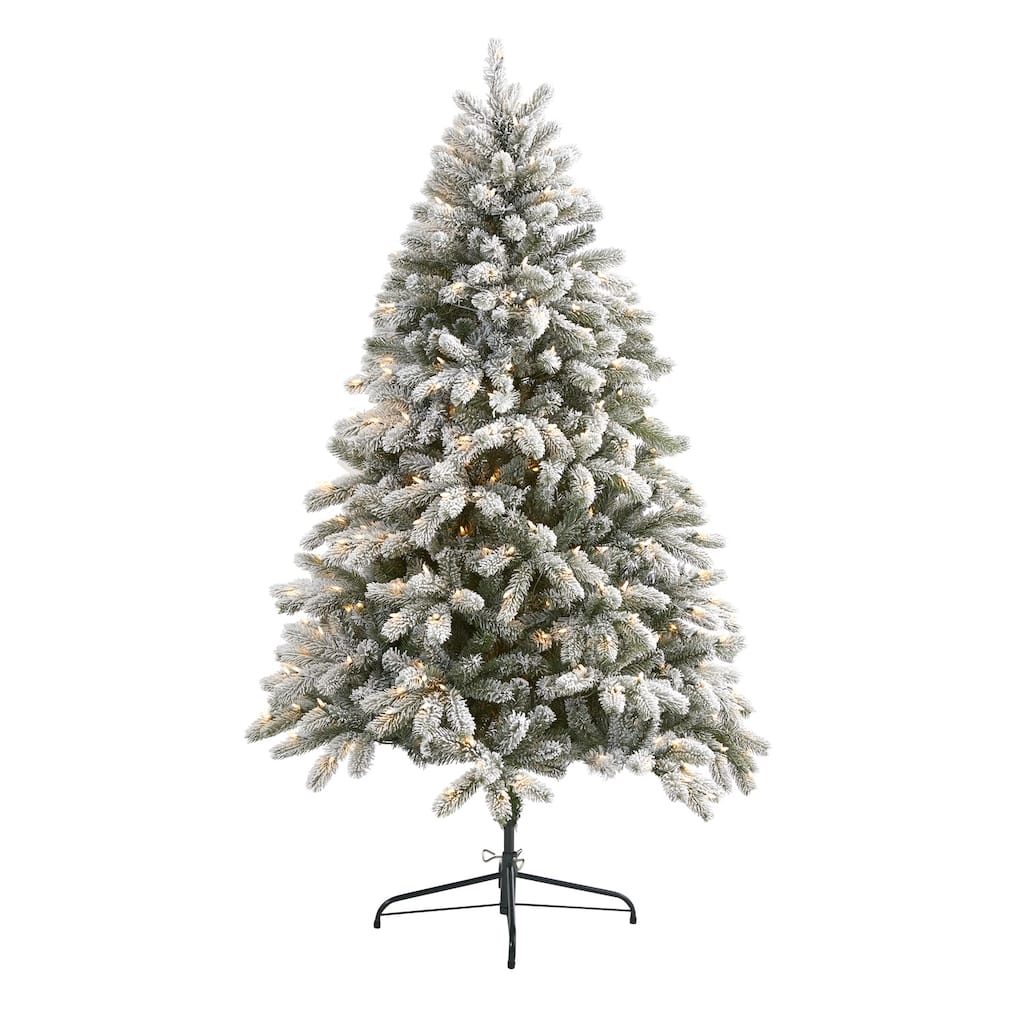 6ft Flocked Christmas Tree - Slim Pencil Artificial Tree with 450 Lights & Metal Stand - Green - 72