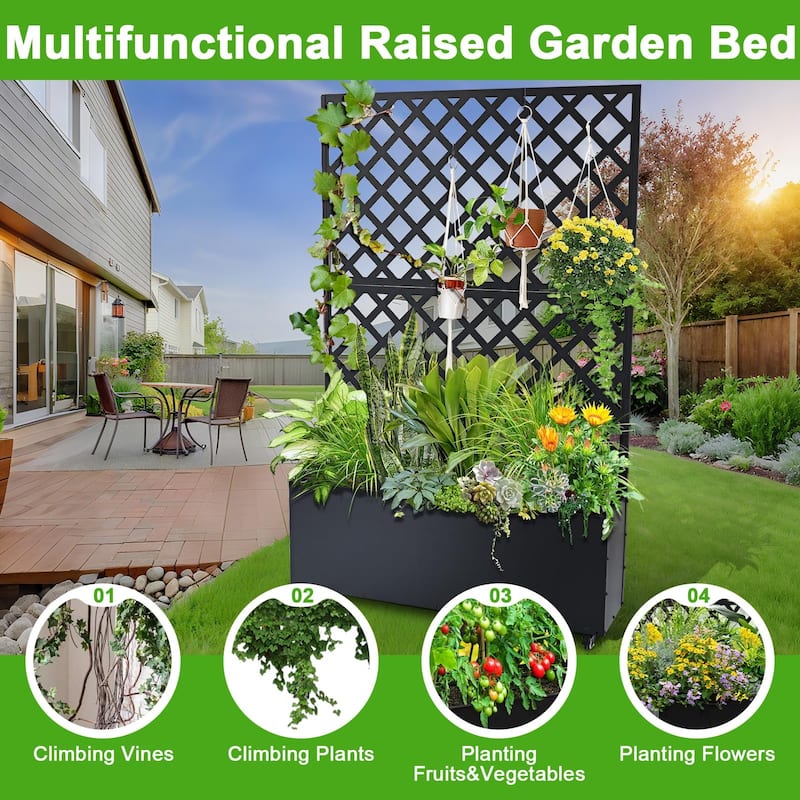 Metal Planter Box with Trellis, Raised Garden Bed with Trellis, Outdoor Garden Box with Privacy Screen & Drainage Holes