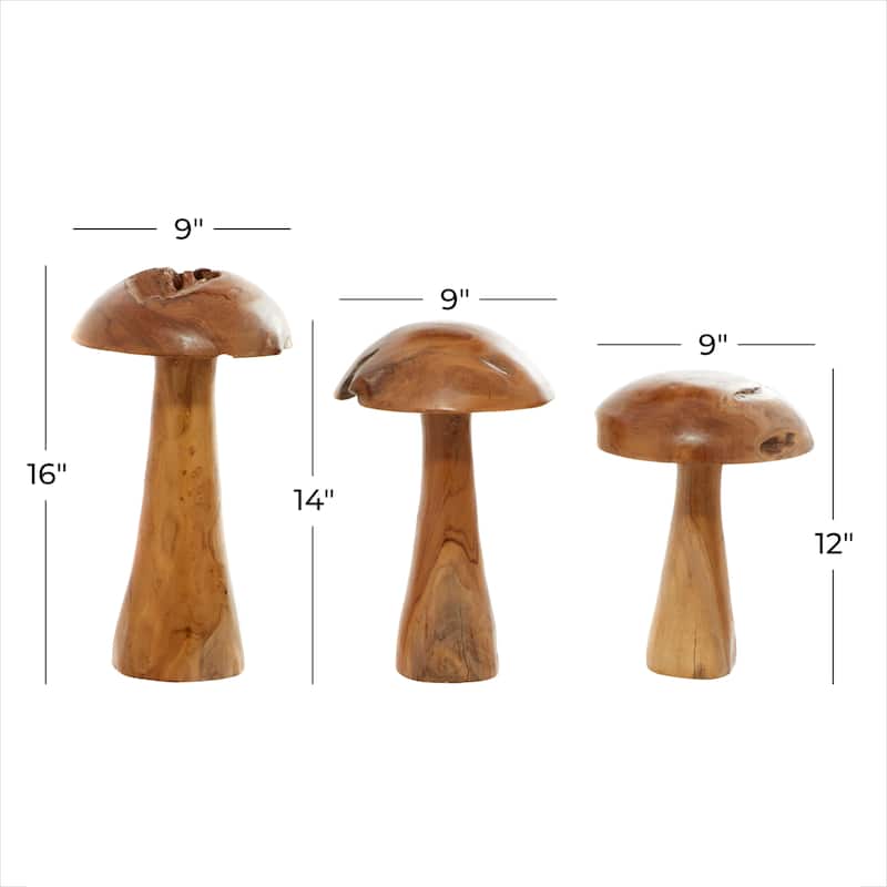 Teak Wood Mushroom Handmade Live Edge Sculpture with Natural Smooth Finish - Set of 3 Brown - Roche River Decor