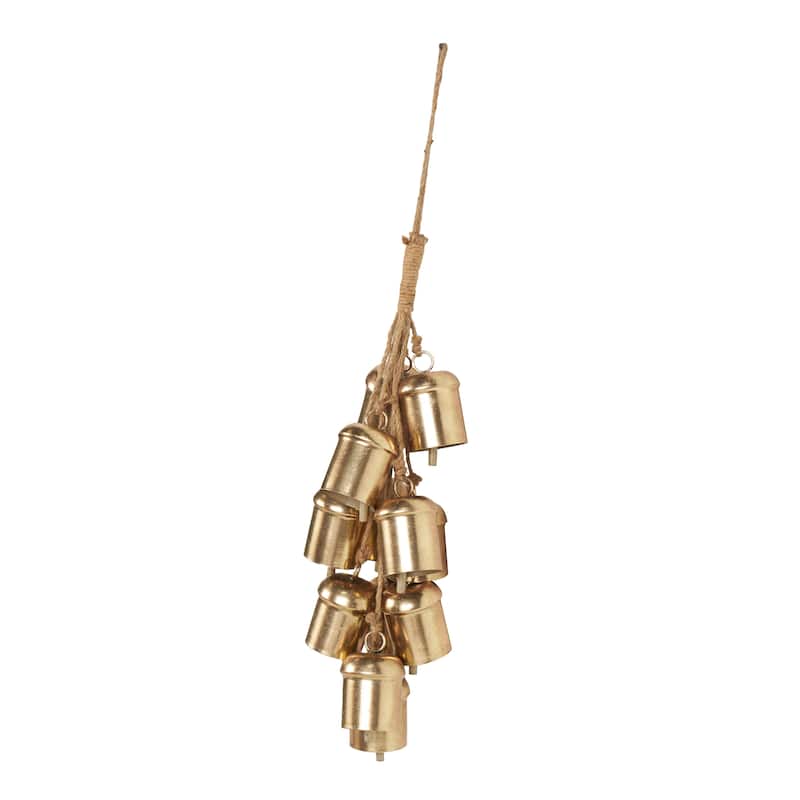 Metal Cascading Cluster Decorative Bells with Jute Hanging Rope - Gold - Roche River Decor